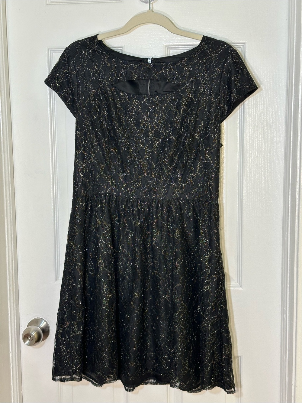 Black Lace Overlay Fit & Flare Dress with Gold Accents & Keyhole